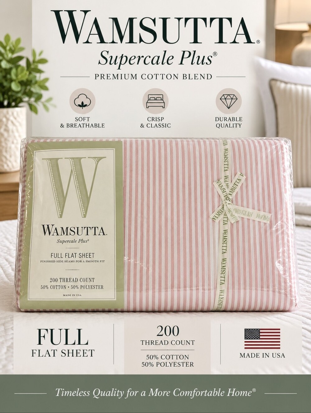 NWT Vintage Wamsutta Supercale Plus Full Sheet Set Pink Stripe 200 TC